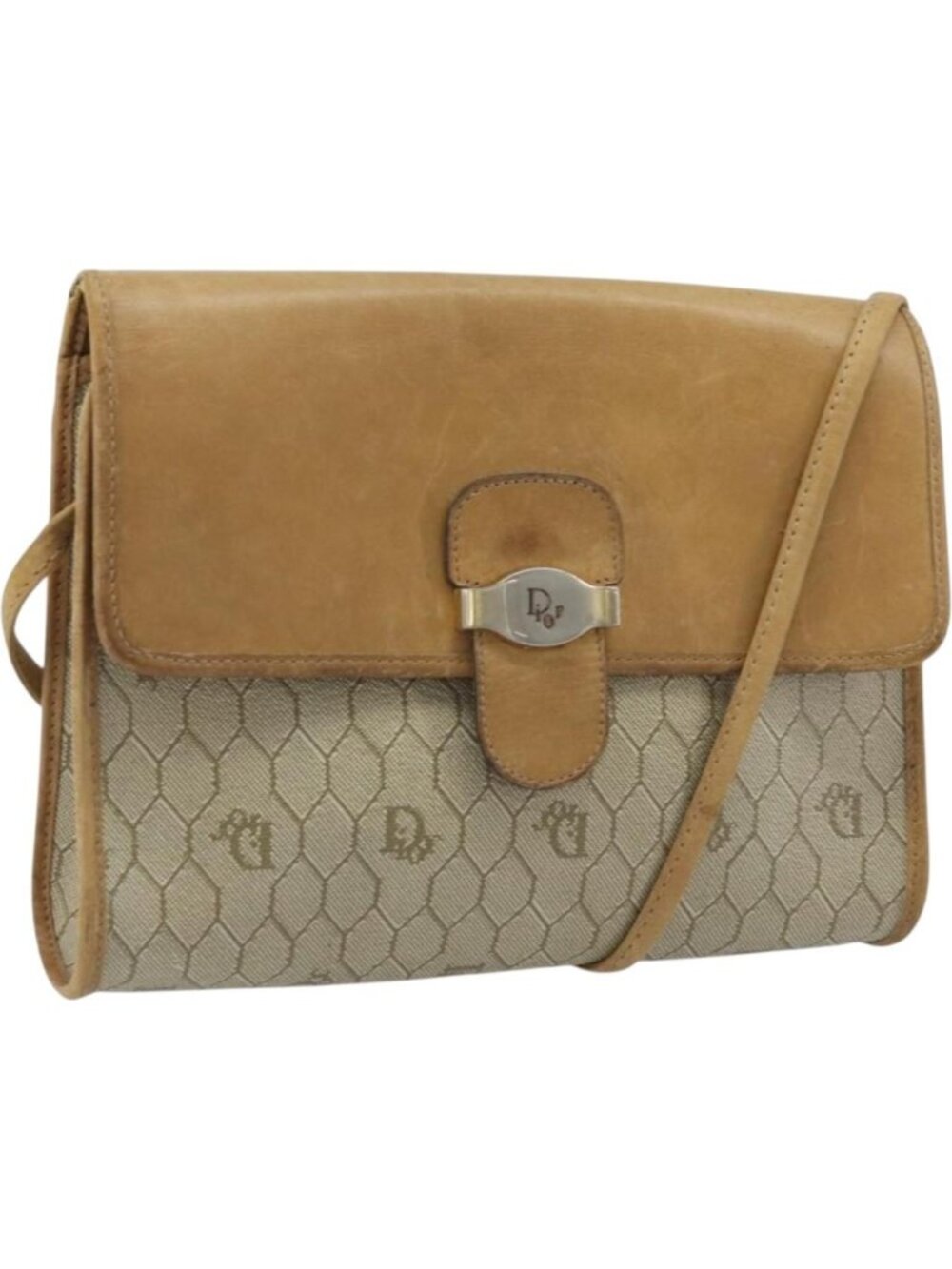 Christian Dior Honeycomb Canvas Shoulder Bag PVC Beige Gold